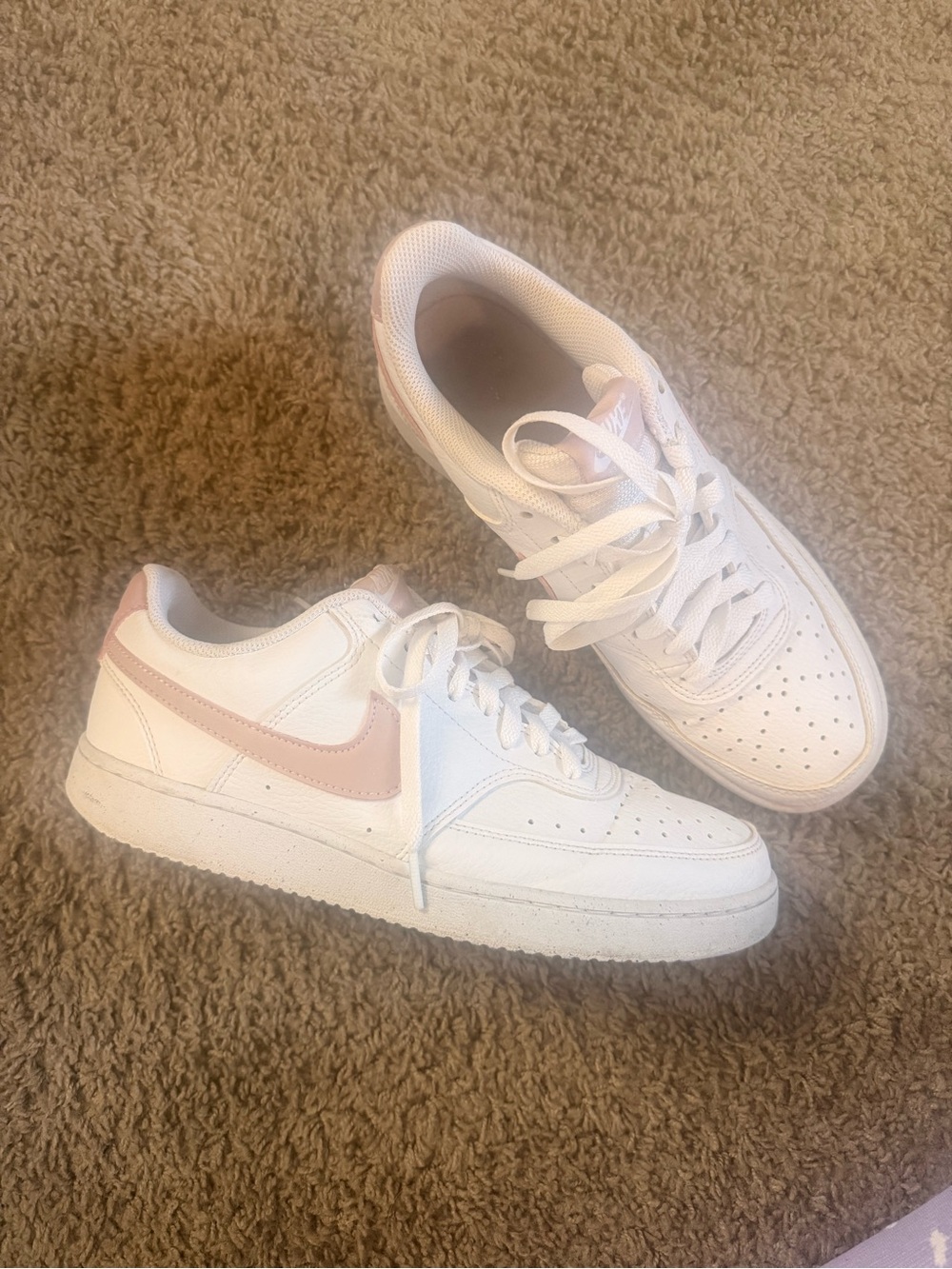 Nike Women's White Sneakers with Light Pink Swoosh